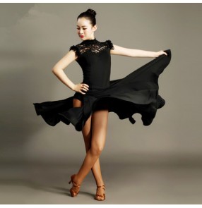 Black red lace patchwork hollow back and front leotard tops and side split skirts women's performance competition latin ballroom dance dresses sets